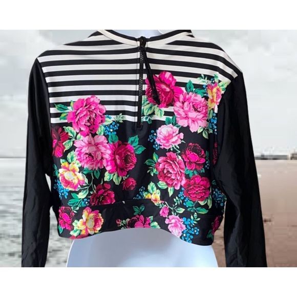 Torrid Black Swim Shirt Women 3X stripes Pink Flowers - Picture 5 of 5